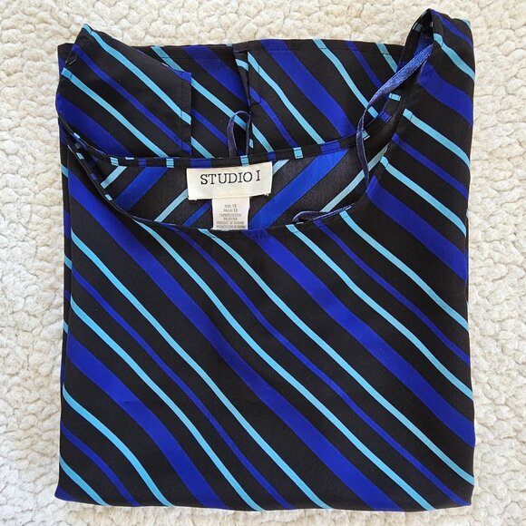 Striped Sleeveless Blouse By Studio I Size 18 Black/Blue Diagonal Stripes Polyes - Picture 5 of 5